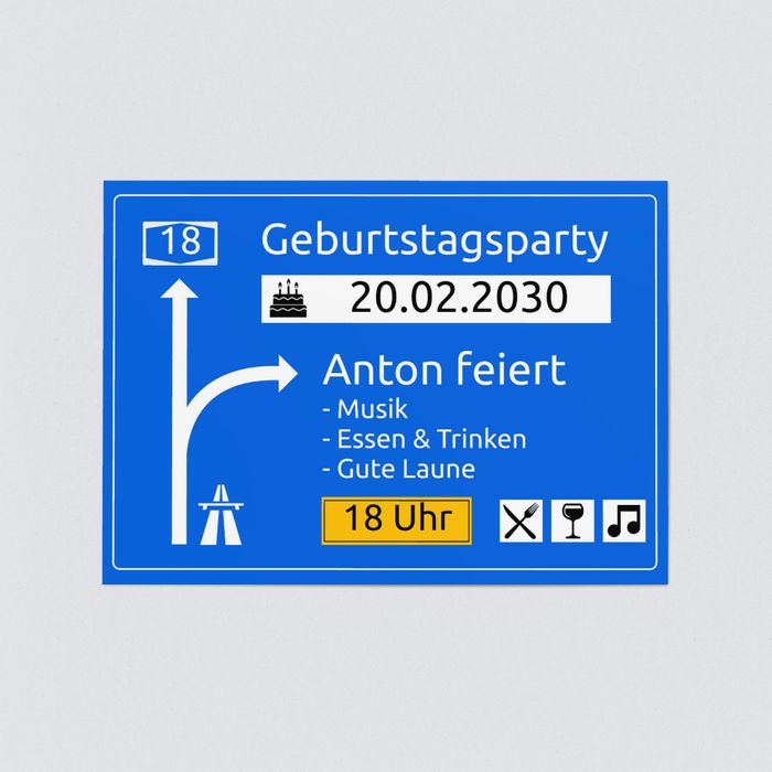 Autobahnschild Einladungskarten 18 Geburtstag