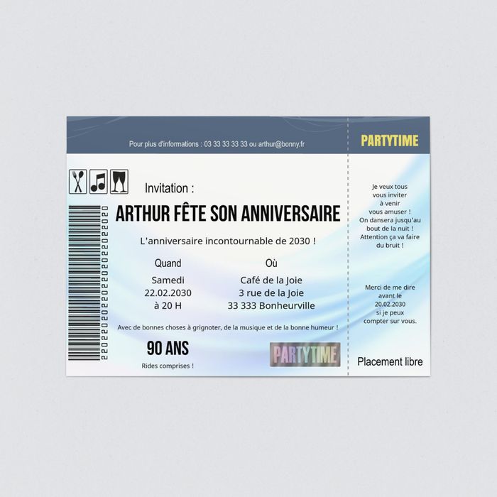 Place De Concert En Bleu Carte D Invitation D Anniversaire 90 Ans Personnalisable Bonnyprints Fr