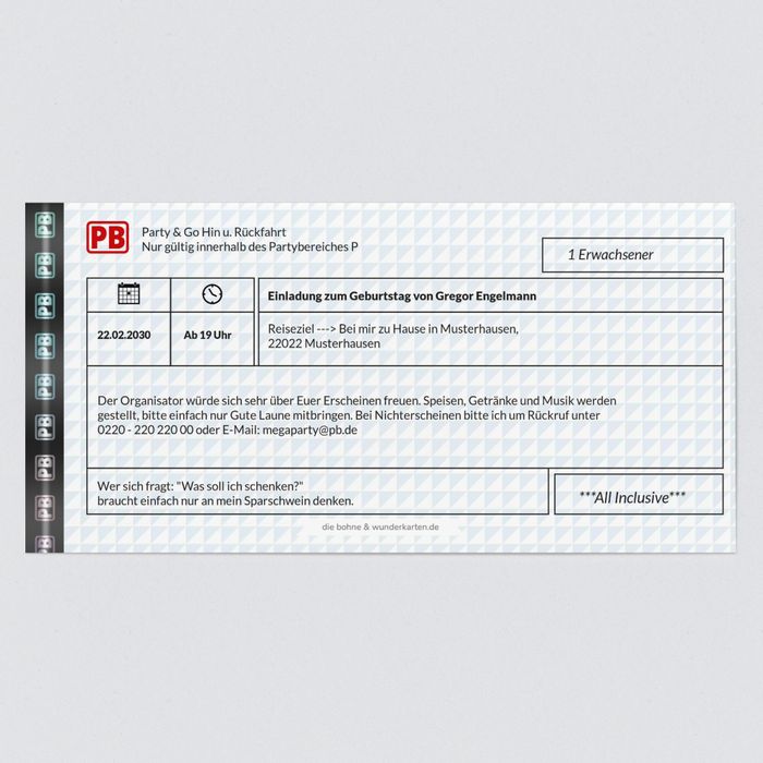 Partybahn Ticket 40 Einladungskarten Geburtstag 